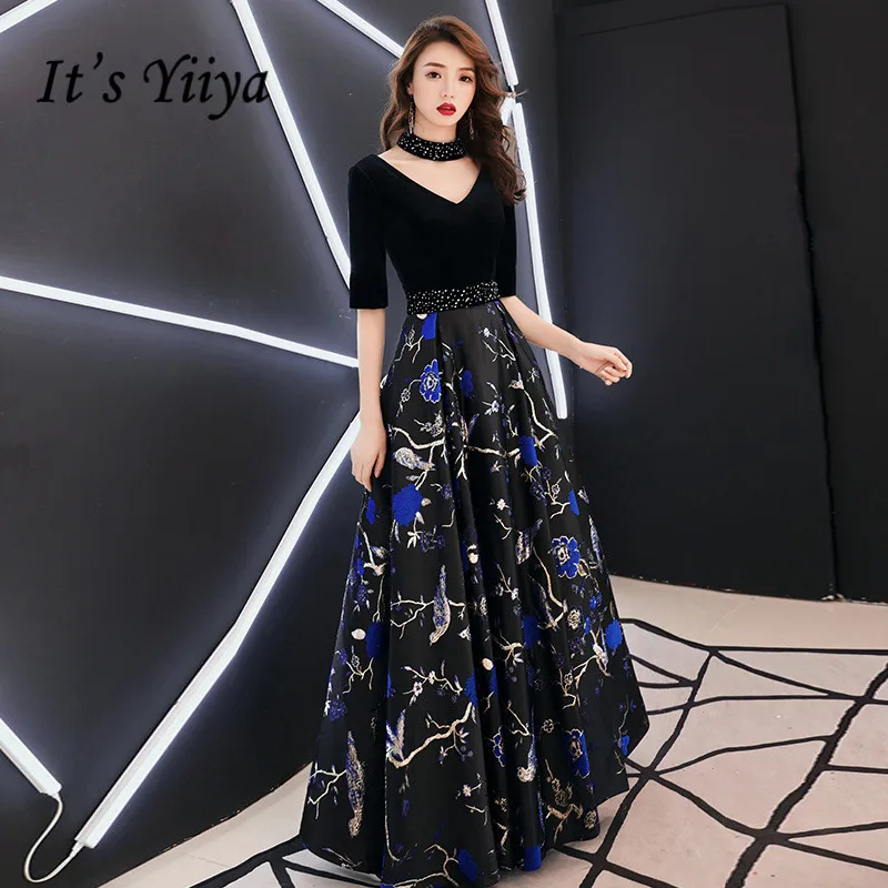 It's YiiYa Evening Dress Black V-neck Velour Blue Print Formal Dresses Short Sleeve Backless Party Gown For Women E055
It's YiiYa Evening Dress Black V-neck Velour Blue Print Formal Dresses Short Sleeve Backless Party Gown For Women E055