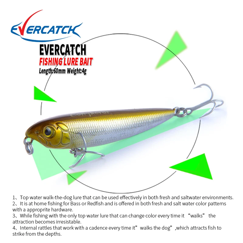 EVEREATCH professional fishing lures,60mm 4g top water pencilbait,walkdog action ,fishing tackle hard bait,speck lure small bait
EVEREATCH professional fishing lures,60mm 4g top water pencilbait,walkdog action ,fishing tackle hard bait,speck lure small bait