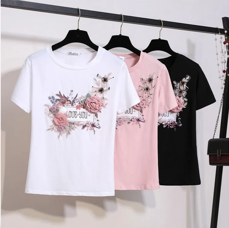 New fashion 2019 Summer Short Sleeve Embroidery Appliques Beaded 3D Flowers Stylish Tops And Tees Female T Shirts Mujer
New fashion 2019 Summer Short Sleeve Embroidery Appliques Beaded 3D Flowers Stylish Tops And Tees Female T Shirts Mujer