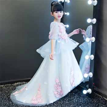 

Children Girls Luxury Princess 3D Flowers Design Model Show Dress Kids Babies Elegant Birthday Wedding Party Long Trailing Dress