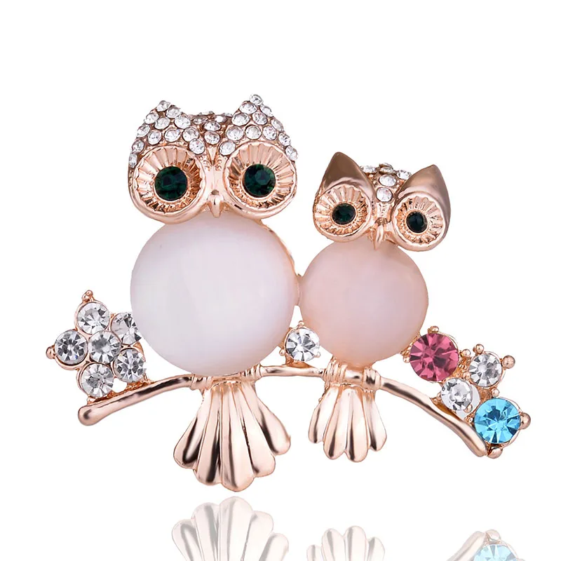 

LUBOV Colorful Rhinestone Inlaid Metal Owl Brooch Pins Double Owls on Branch Design Women Brooch Pin Costume Jewelry