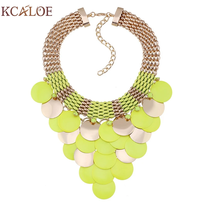 

KCALOE Fluorescent Color Statement Necklace Fashion Yellow Pink Round Slice Tassel Gold C Choker Bohemian Necklaces Collares