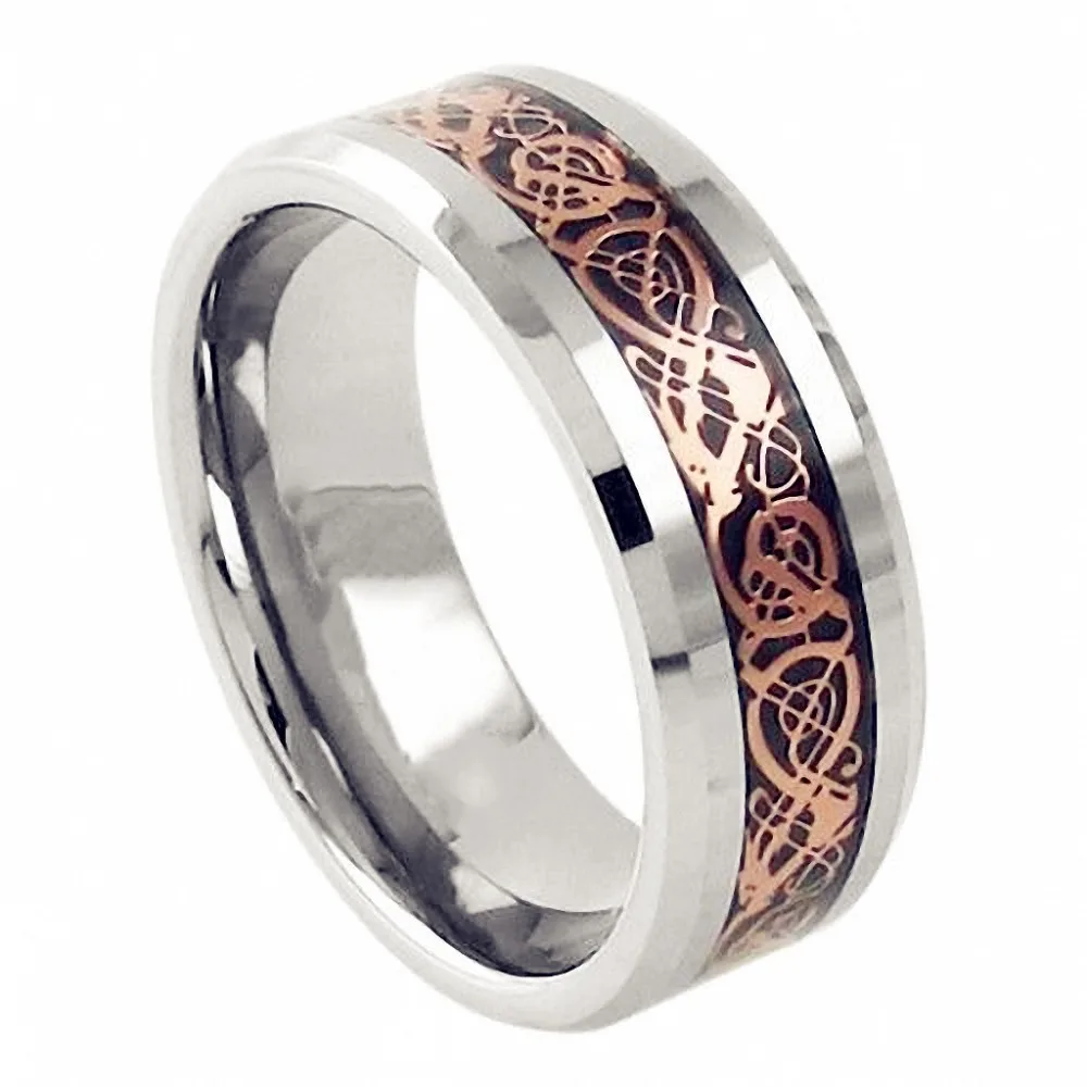 Queenwish Rose Gold Celtic Dragon Tungsten Carbide Carbon Fiber Band Bridal Silver Ring_2
