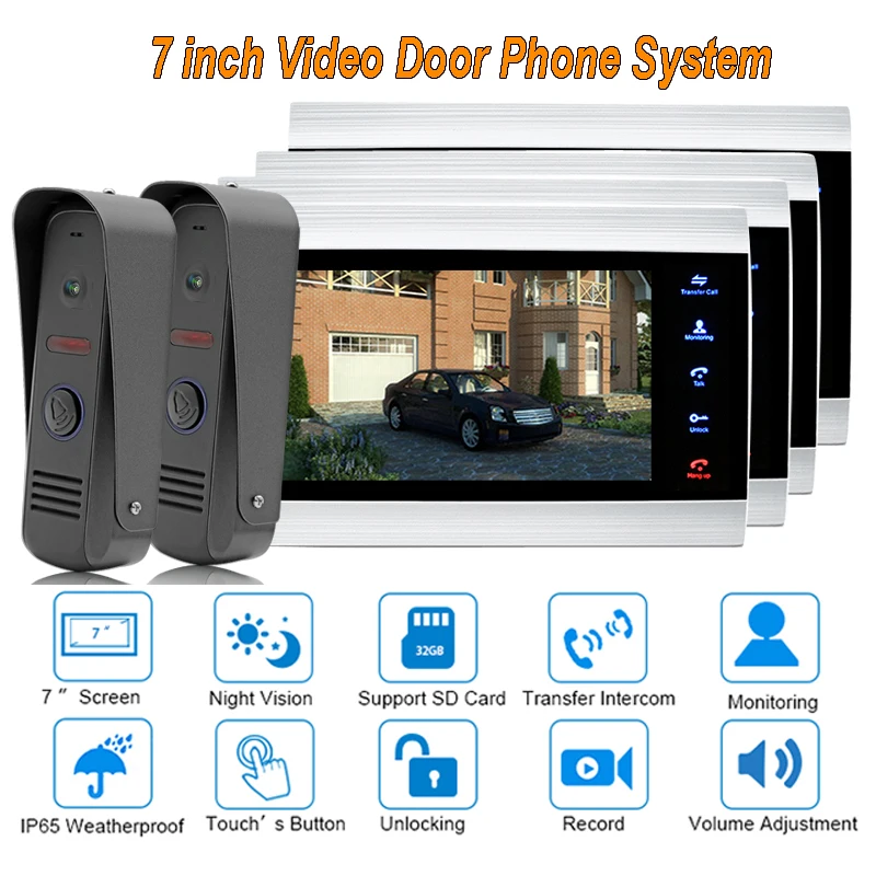 

2017 new Video Door Intercom Doorbell System Home Security Camera Monitor with ip65 Rainproof 7" TFT display 1200TVL 2 V 4