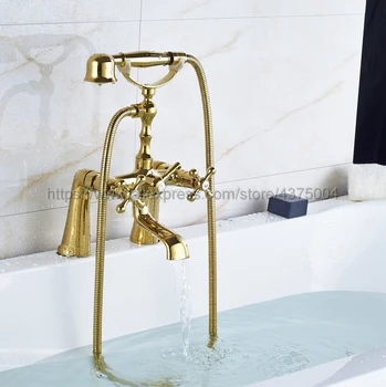 

Golden Deck Mounted Two Handle Bathtub Sink Faucet Telephone Deck Standing Dual Hole Bathtub Mixer with Handshower Ntf085