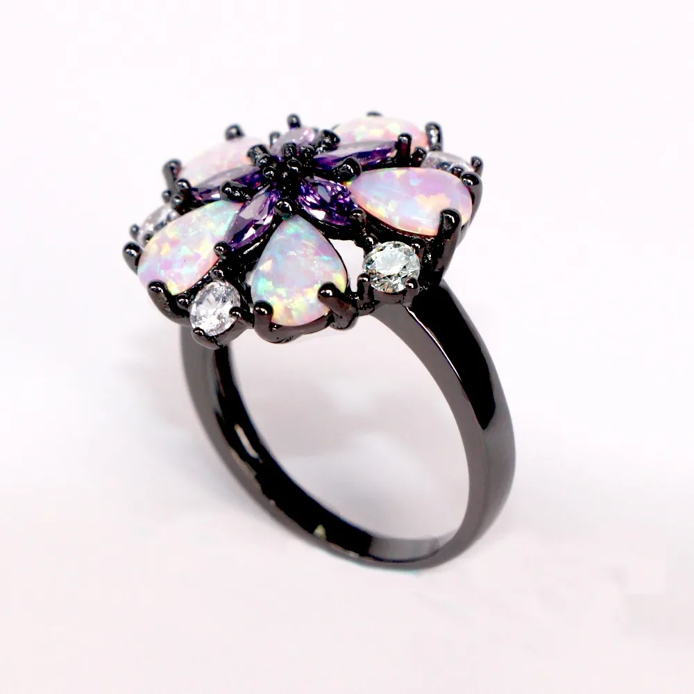 

JLR-193 New Arrival Luxury Flower Pink Opal Purple and White Zirconia Ring Black Gun Plated Cocktail Rings for Women