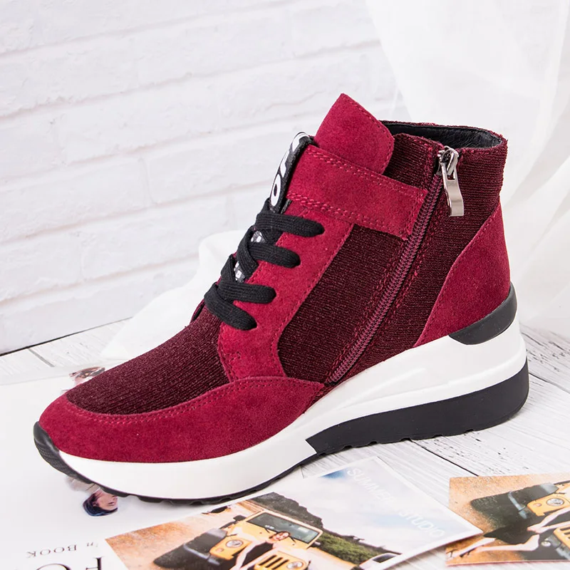 BELISS 2018 spring autumn ankle boots wedges cow suede leather platform hook loop women sneakers (29)777