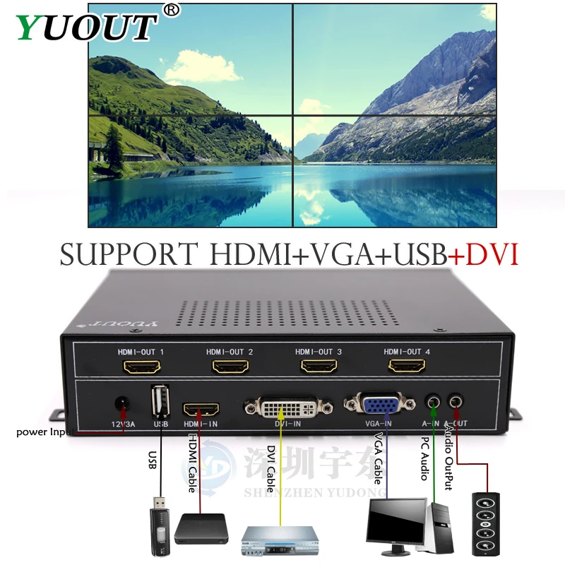 YD-TV04 Video Wall Controller HDMI VGA DVI USB Processor 2x2 Four images stitching image processor 4TV shows a screen splicing
YD-TV04 Video Wall Controller HDMI VGA DVI USB Processor 2x2 Four images stitching image processor 4TV shows a screen splicing