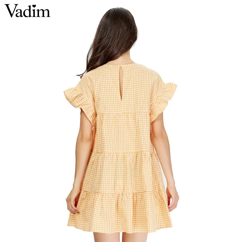 yellow Ruffles Sleeve O Neck Mini Plaid Pleated Dress