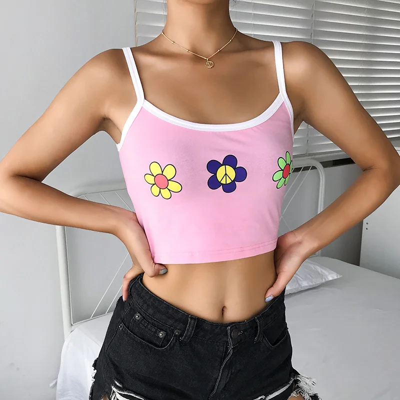 Kawaii Floral Print Pink Cropped Camis Women Sexy Sleeveless Spaghetti Strap Top Korean Summer Bralette Crop | Женская одежда