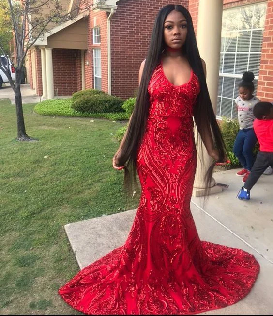 2019 Red Prom Dresses Mermaid Plunging V Neck Sequined Lace Sweep Train Formal Dresses Evening Wear For Black Girls DP0445
2019 Red Prom Dresses Mermaid Plunging V Neck Sequined Lace Sweep Train Formal Dresses Evening Wear For Black Girls DP0445