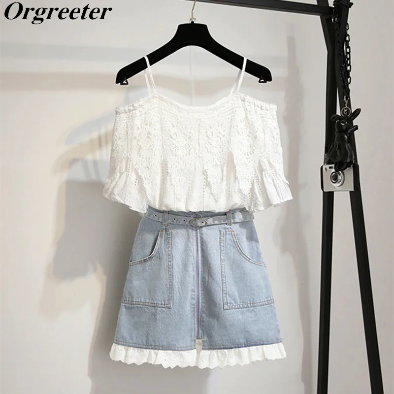 Hot Sale Front zipper Lace trimmed Denim Skirt Summer 2 Piece Set Women's Off shoulder Ruffles Embroidery White Blouse Skirt Set
Hot Sale Front zipper Lace trimmed Denim Skirt Summer 2 Piece Set Women's Off shoulder Ruffles Embroidery White Blouse Skirt Set