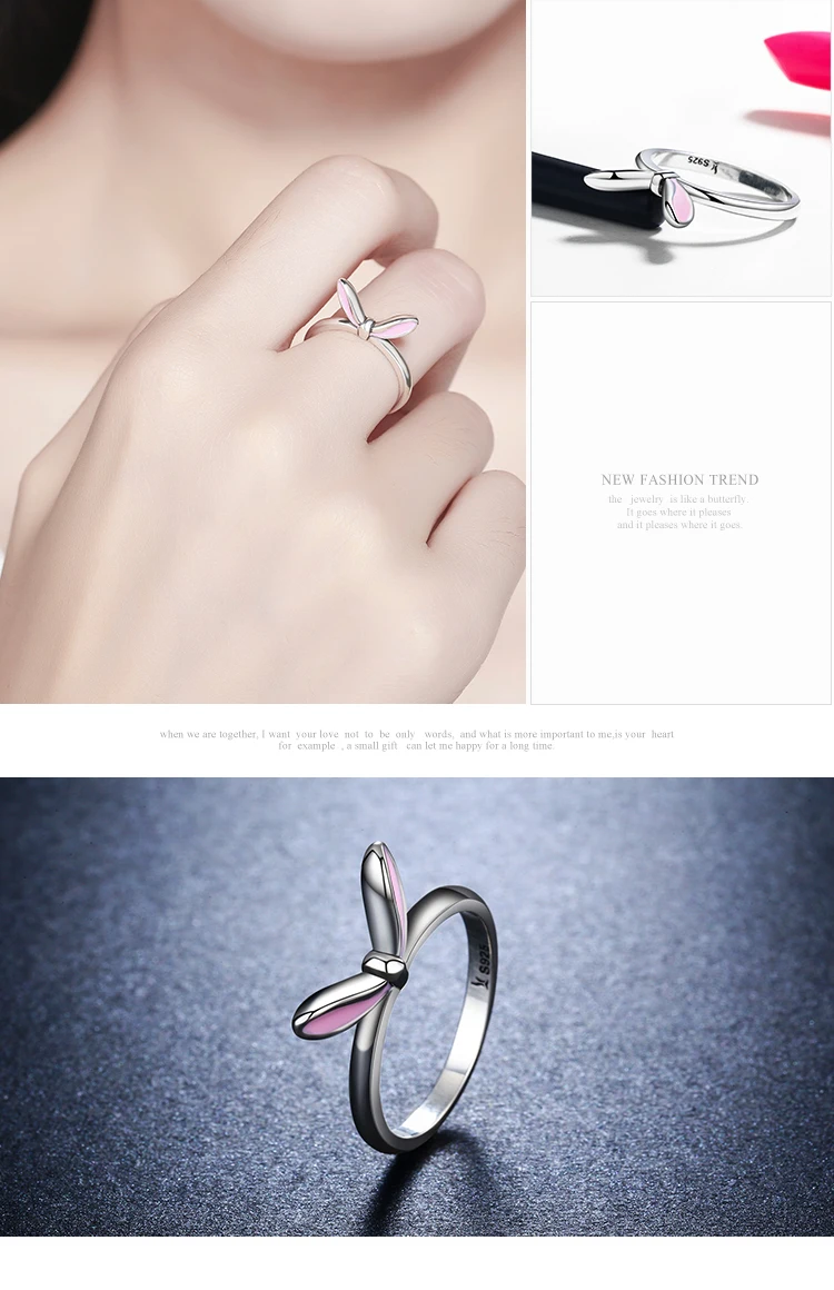 BAMOER Authentic 925 Sterling Silver Sweet Pink Enamel Rabbit Ears Finger Rings For Women Fashion Sterling Silver Jewelry SCR058 25