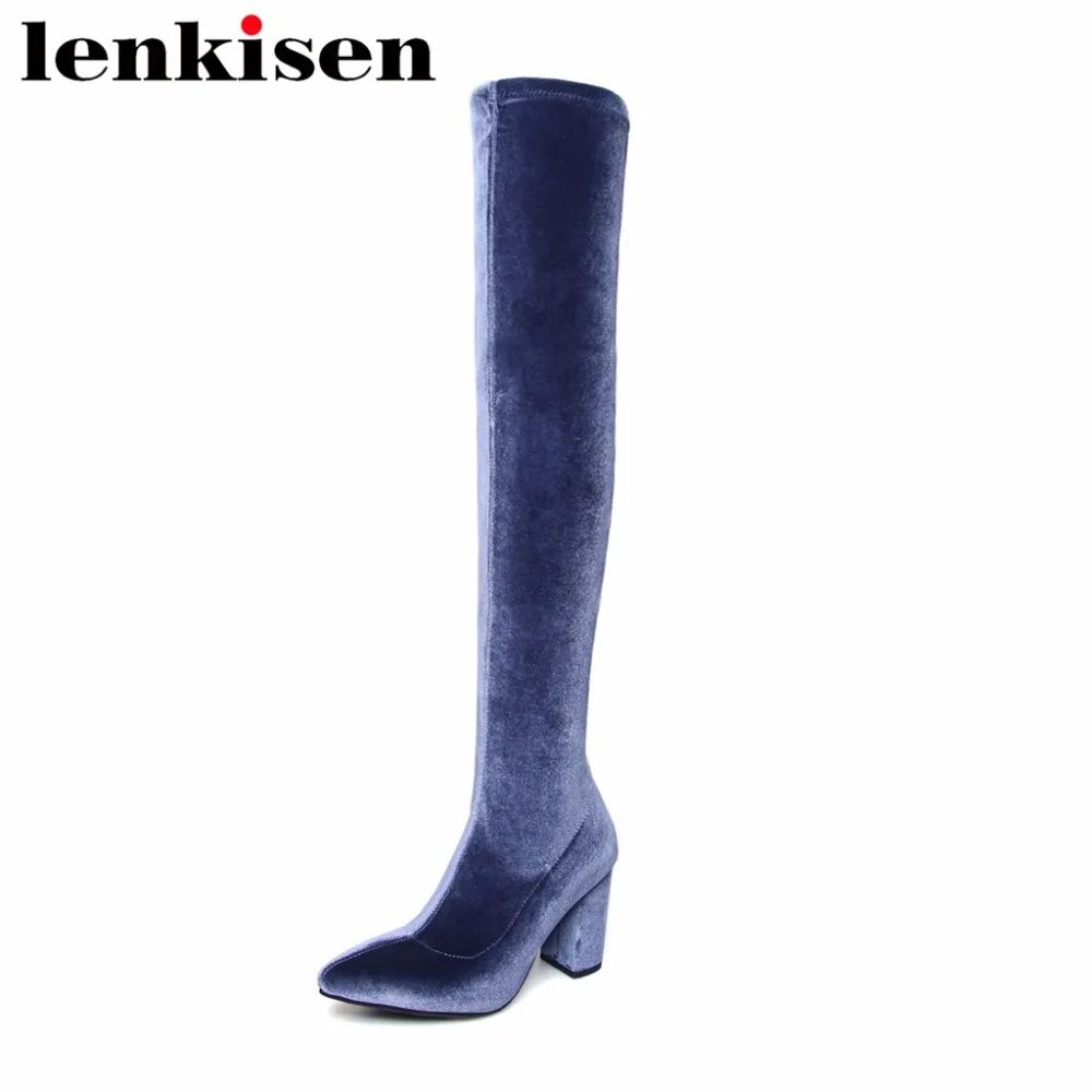 Lenkisen blue black color thigh high boots pointed toe high heels slip on flannel superstars women high street fashion shoes L18
Lenkisen blue black color thigh high boots pointed toe high heels slip on flannel superstars women high street fashion shoes L18