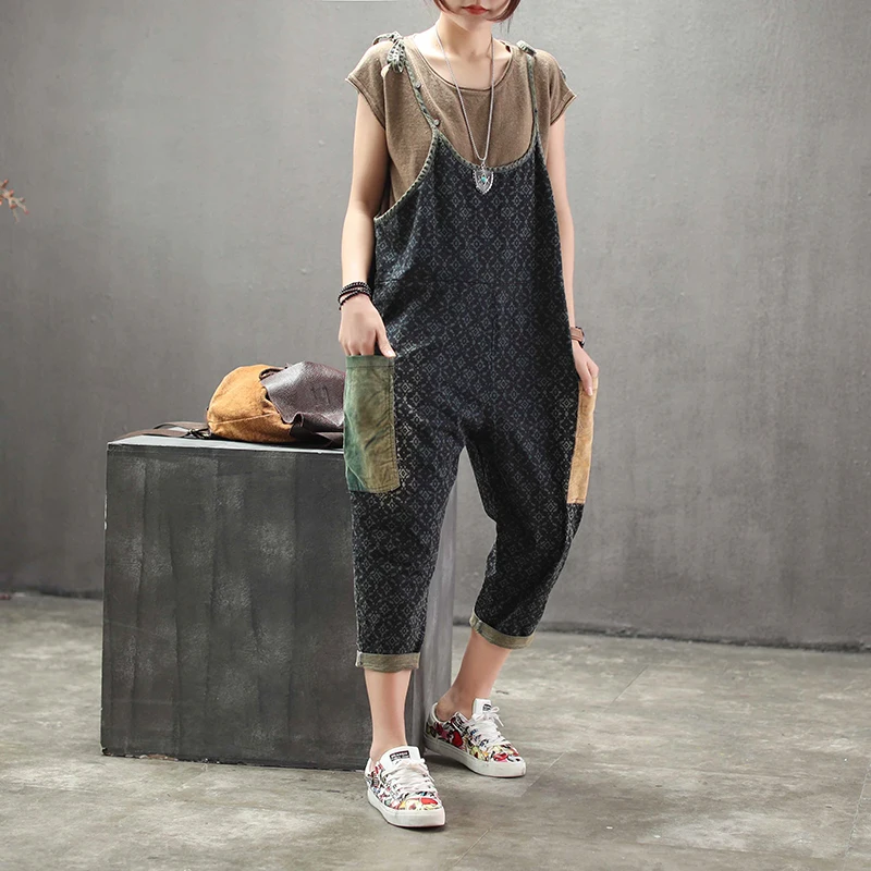 Spring Autumn Jumpsuits Women Large size Loose Retro Rompers 2019 New Casual Print pocket Ladies Overalls | Женская одежда