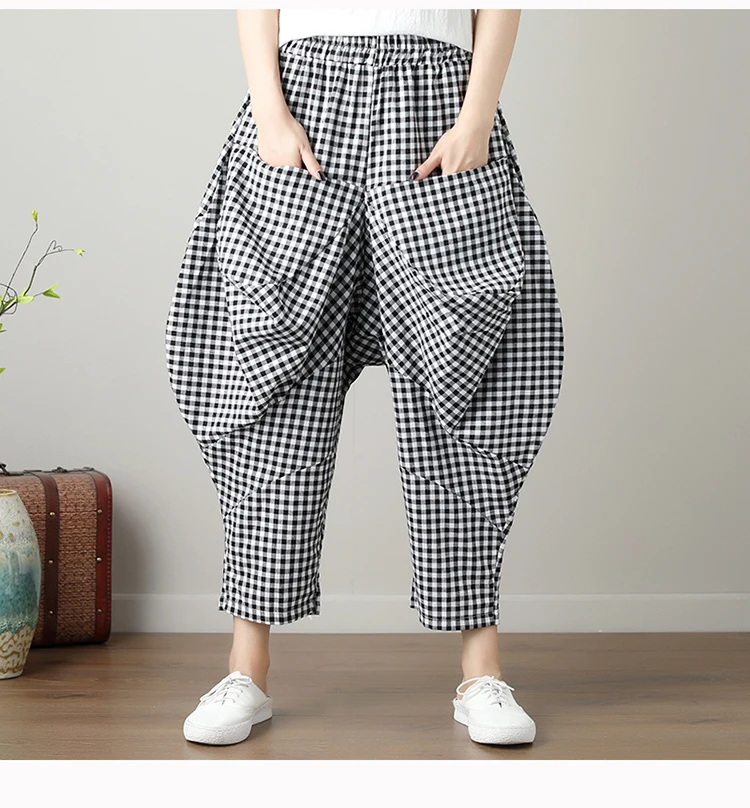Vintage Retro Hippie Boho Elastic Waist Pocket Cotton Linen Plaid Loose Harem Pant Pantolon Women Trousers Drop Crotch Pants
Vintage Retro Hippie Boho Elastic Waist Pocket Cotton Linen Plaid Loose Harem Pant Pantolon Women Trousers Drop Crotch Pants