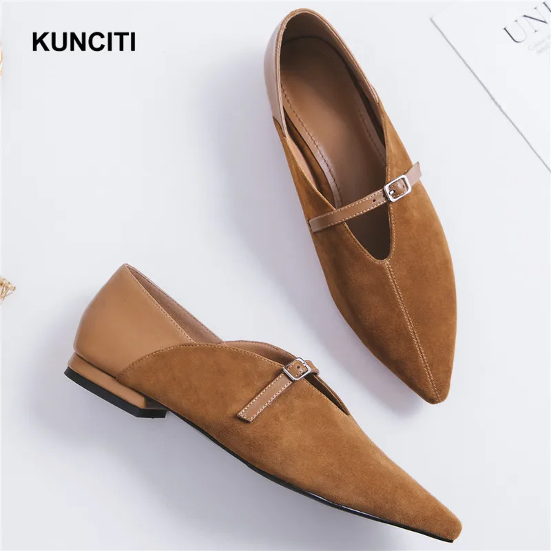 

2019 KUNCITI Women Leather Moccasins Pointed Toe Ladies Belt Buckled Slip On Oxford Loafers Pointed Toe Spring Flat Mules F58