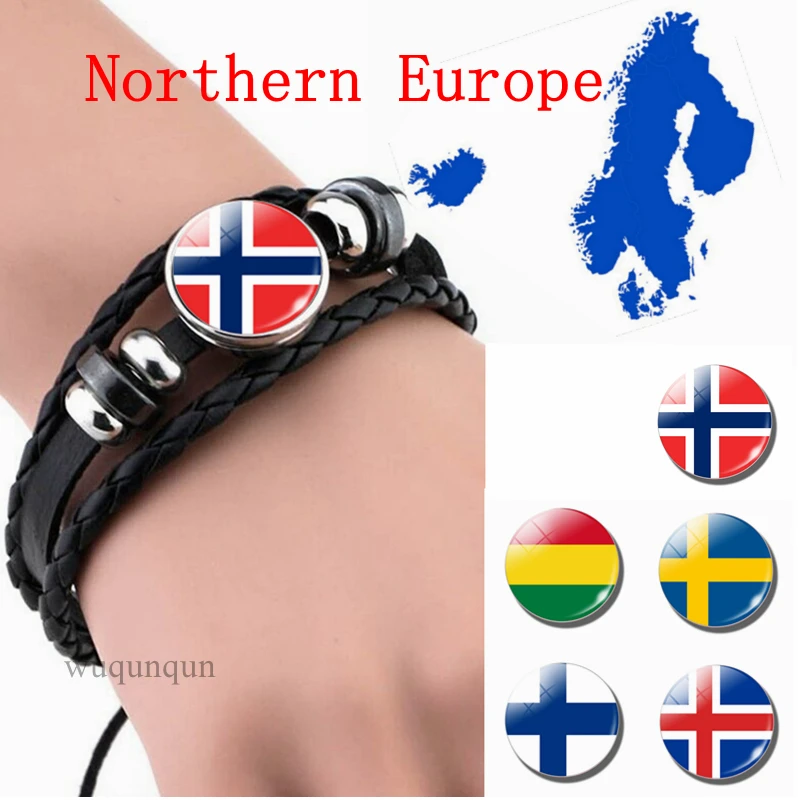 Northern Europe: Denmark Sweden Finland Norway Iceland Flag Black Bracelet Glass Dome Jewelry Leather Button Men Bangle Gifts 
Northern Europe: Denmark Sweden Finland Norway Iceland Flag Black Bracelet Glass Dome Jewelry Leather Button Men Bangle Gifts
