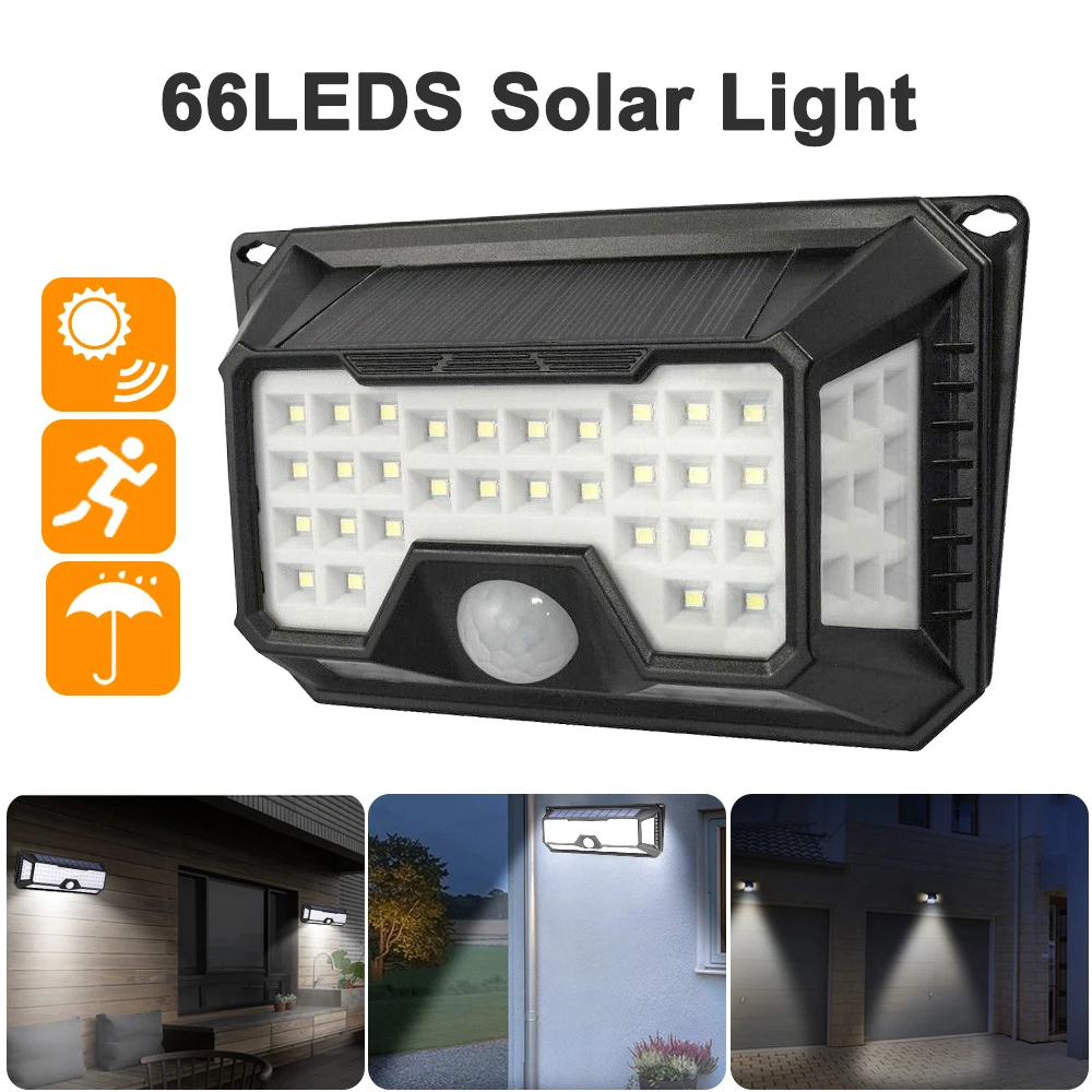 

66 LED Solar Power Light 3 Modes PIR Motion Sensor 120 Degrees Angle Outdoor Waterproof IP44 Solar Wall Lamp Garden Yard Light