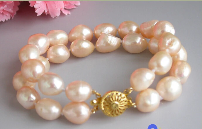 hot sale FREE SHIPPING *******2row 8" 14mm pink baroque Freshwater cultured pearl bracelet
