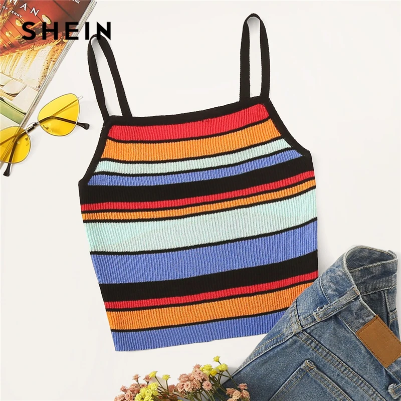 

SHEIN Rainbow Stripe Knit Cami Top Women 2019 Boho Women Clothing Stretchy Slim Fit Summer Vests Spaghetti Strap Crop Tops