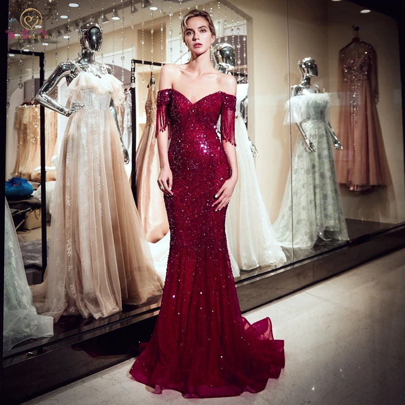 2019 Evening Dress Off The Shoulder Mermaid Sexy Sequined Beading Bling Sweetheart Neck Tulle Wine Red Sleeveless Prom Gown
2019 Evening Dress Off The Shoulder Mermaid Sexy Sequined Beading Bling Sweetheart Neck Tulle Wine Red Sleeveless Prom Gown