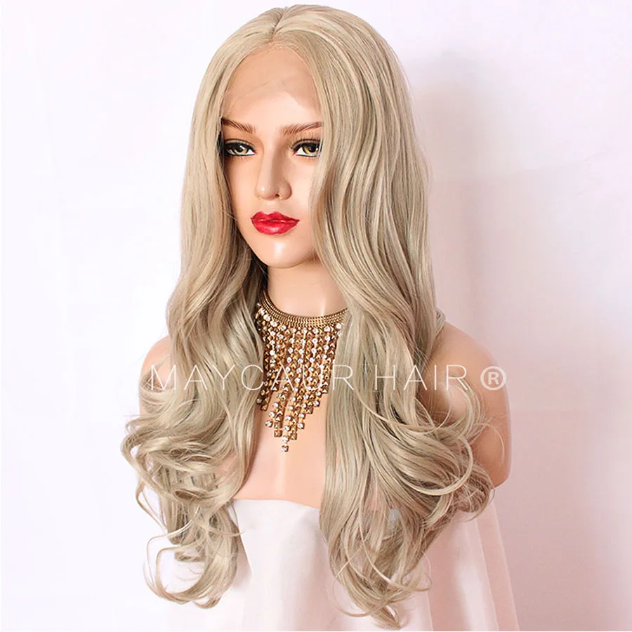 Maycaur Long Wavy Platinum Color Synthetic Lace Front Wigs White Gold Body Wave Hair Wig for Women (5)