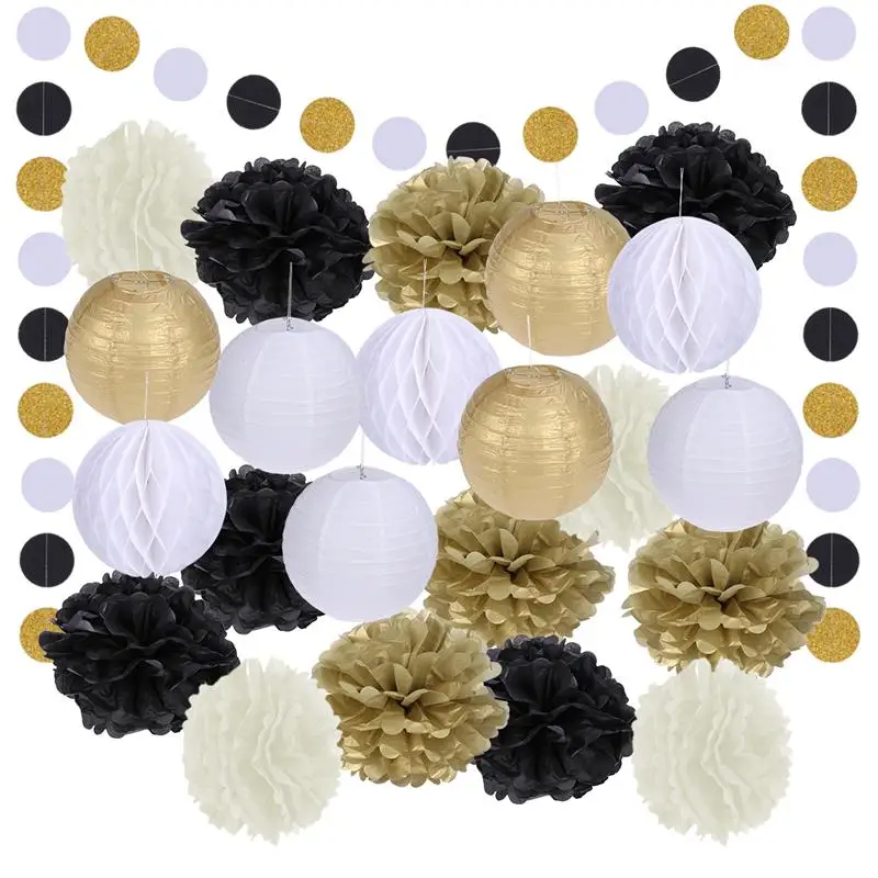 

22 Pcs Tissue Paper Pom Poms Flowers Paper Lanterns Honeycomb Ball and Polka Dot Paper Garland for Wedding Party Decorations