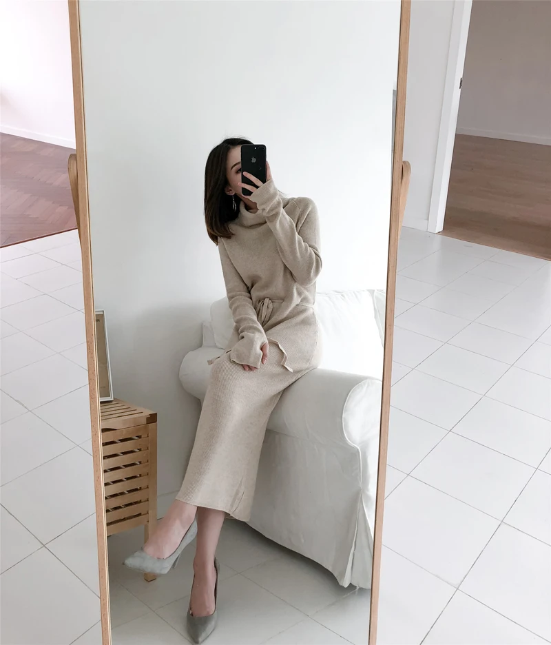 Winter Turtleneck Lace Up Knitted Long Full Sleeve Dress Winter Turtleneck Lace Up Knitted Long Full Sleeve Dress