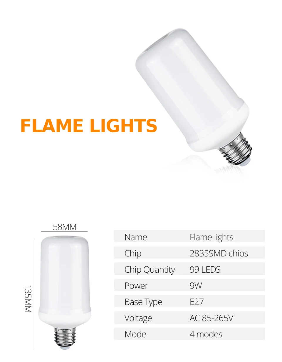 99 LEDs E27 Flame Lamps 9W 85-265V 4 Modes Ampoule LED Flame Effect Light Bulb Flickering Emulation Fire Light YellowBlue Flame (2)