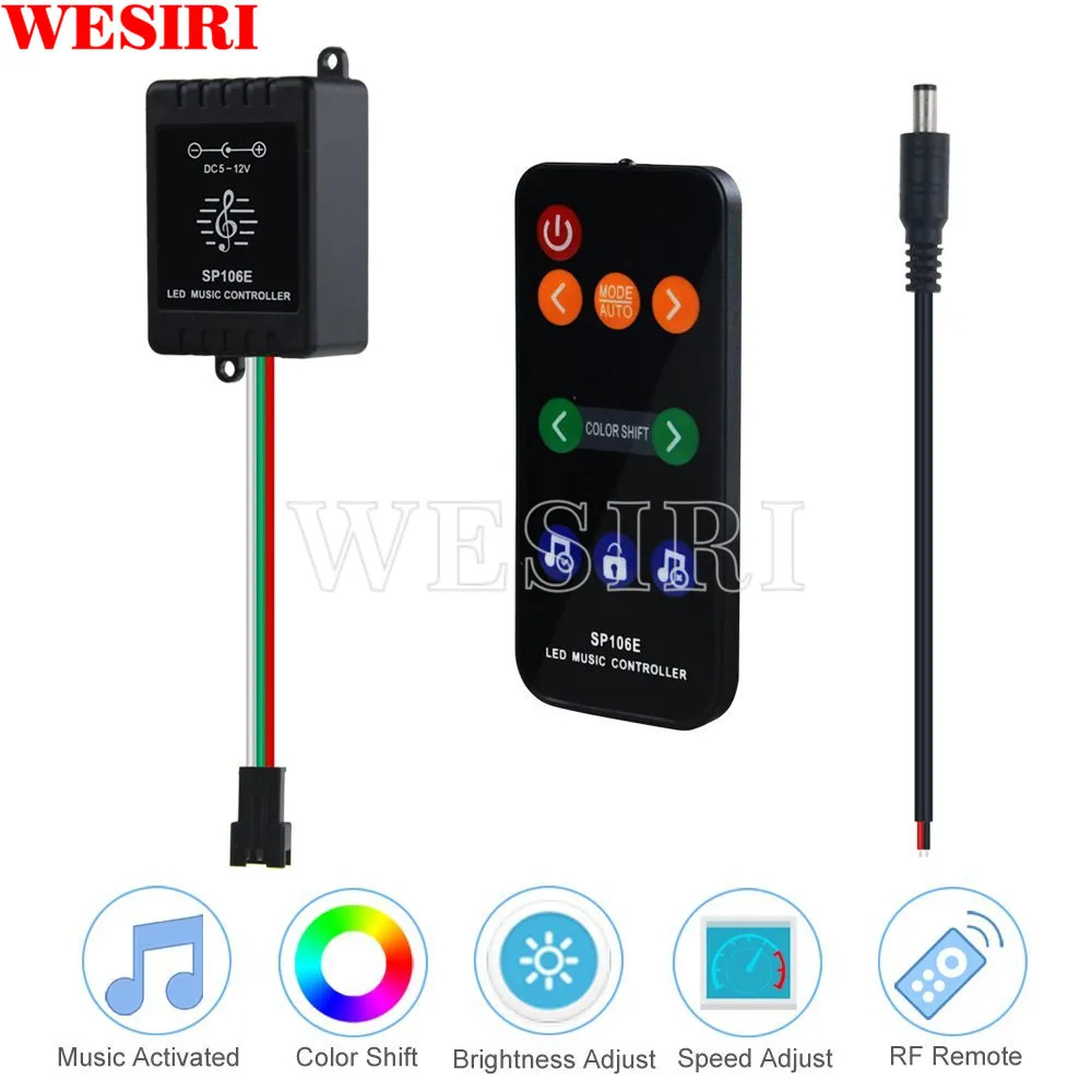 SP106E LED RGB Music Controller with Sound Activated Wireless RF Remote Controller for WS2811 WS2812B SK6812 LED Lights DC5-12V
SP106E LED RGB Music Controller with Sound Activated Wireless RF Remote Controller for WS2811 WS2812B SK6812 LED Lights DC5-12V