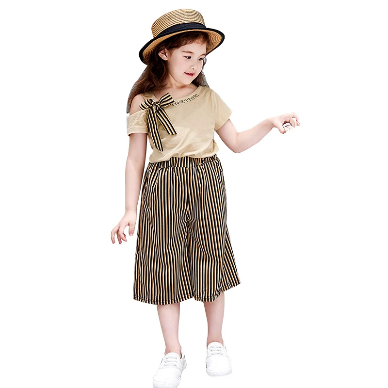 Girls Casual Camel Cut Sleeve Top With Striped Pants 1 ZM1178 (27)