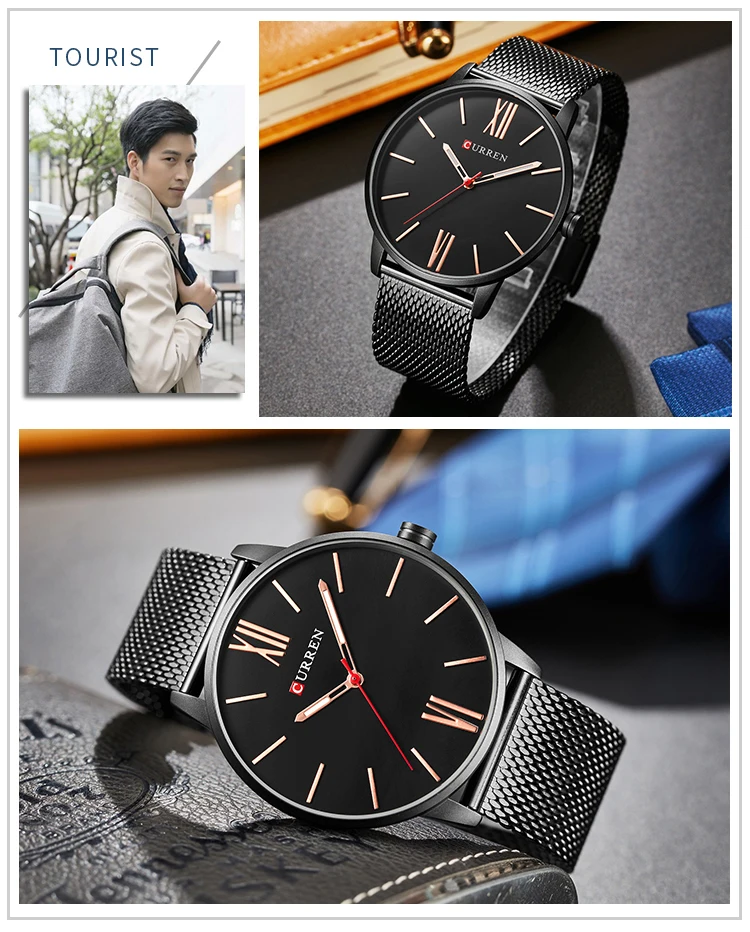 Curren 8238 Simple Men Quartz Watch Mesh Silver Black Gold Stainless