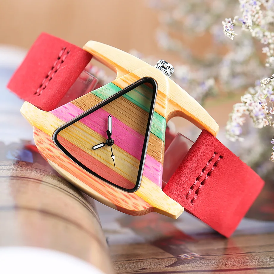 Creative Women Wood Watches Unique Colorful Wooden Triangle Hollow Quartz Wristwatch Ladies Elegant Fashion Genuine Leather Hour (22)