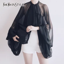 TWOTWINSTYLE Bowknot Blouse En Mousseline De Soie Chemise Femmes Lanterne Manches Tulle Transparent Sexy hauts Grande Taille 2019 Printemps Eté décontracté(China)