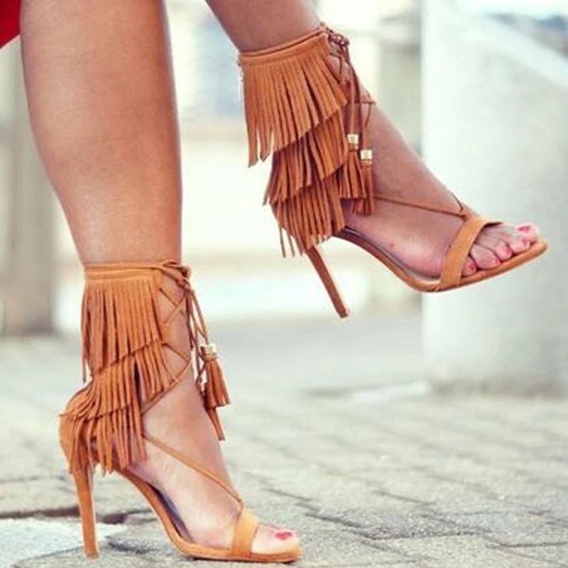 

Sexy Ladies Gladiator Suede Leather Tassel Covered Open toe Sandals Women Fringed Lace up Female Stiletto Heels Sandalias Shoes