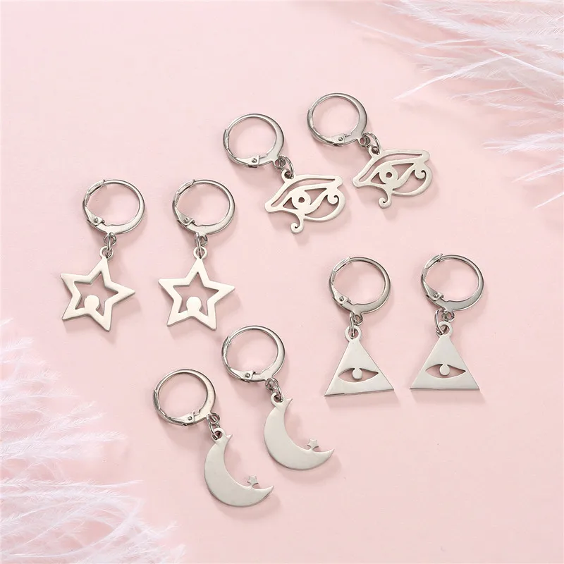 1pair Cute Star Moon Pendant Hoop Earrings For Women Chic Silver Color Smooth Hollow Triangle Eyes Circle Earring Jewelry E162
1pair Cute Star Moon Pendant Hoop Earrings For Women Chic Silver Color Smooth Hollow Triangle Eyes Circle Earring Jewelry E162