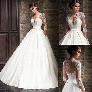 Marvelous Satin V-Neck A-Line Wedding Dresses With Lace Appliques Half Sleeves Bridal Dress with Pocket vestidos de formatura
Marvelous Satin V-Neck A-Line Wedding Dresses With Lace Appliques Half Sleeves Bridal Dress with Pocket vestidos de formatura
