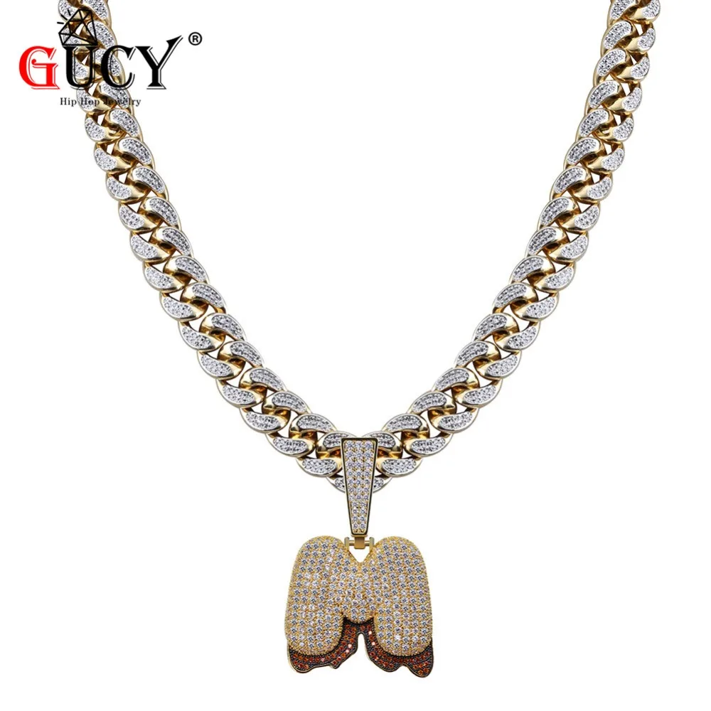 GUCY Name Red Dripping Bubble Letters Necklaces&Pendant Gold Silver Color Micro Pave CZ Hip Hop 14mm Cuban Chain Necklace
GUCY Name Red Dripping Bubble Letters Necklaces&Pendant Gold Silver Color Micro Pave CZ Hip Hop 14mm Cuban Chain Necklace