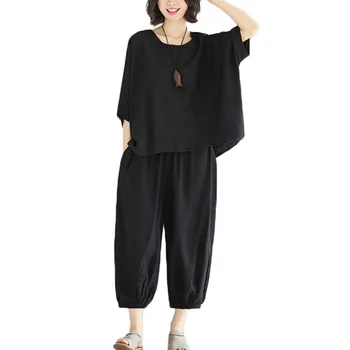 Plus size Women Suit Summer New short-sleeved shirt + nine pants two-piece Suits Women's Cotton linen Black Casual Sets F006
Plus size Women Suit Summer New short-sleeved shirt + nine pants two-piece Suits Women's Cotton linen Black Casual Sets F006