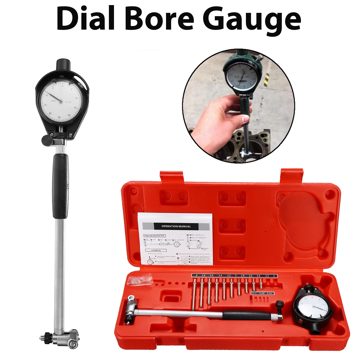 Movable/Changeable Probe Engine Cylinder 2-4'' Grad 0.0005'' Dial Bore Gauge Measure Indicator Resolution Steel+ABS Durability
Movable/Changeable Probe Engine Cylinder 2-4'' Grad 0.0005'' Dial Bore Gauge Measure Indicator Resolution Steel+ABS Durability