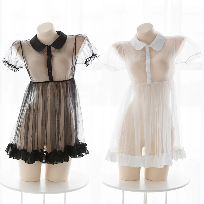 Sexy Women Japanese Lolita Perspective Cute Doll Collar Mesh Dress Black White Transparent Chiffon Short Skirt Pajamas Underwear
Sexy Women Japanese Lolita Perspective Cute Doll Collar Mesh Dress Black White Transparent Chiffon Short Skirt Pajamas Underwear