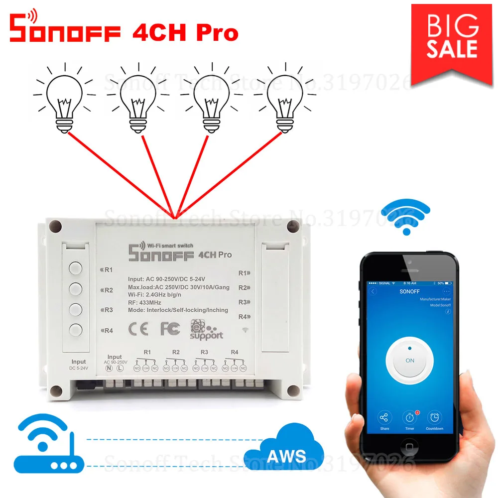 

Itead Sonoff 4CH Pro Wifi Switch 4 Gang Inching Self-Locking Interlock WiFi RF Control Smart Switch App Remote Works with Alexa