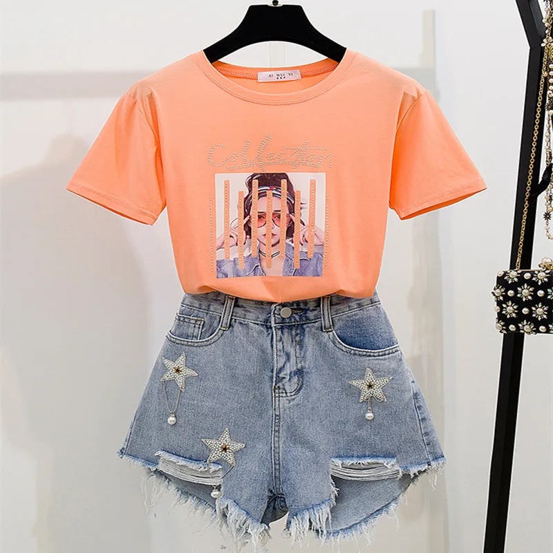 New Two Piece Set Women Clothes 2019 Summer Casual Loose White and Orange Tshirt And Short Jeans Suits Hole Denim Shorts Sets
New Two Piece Set Women Clothes 2019 Summer Casual Loose White and Orange Tshirt And Short Jeans Suits Hole Denim Shorts Sets