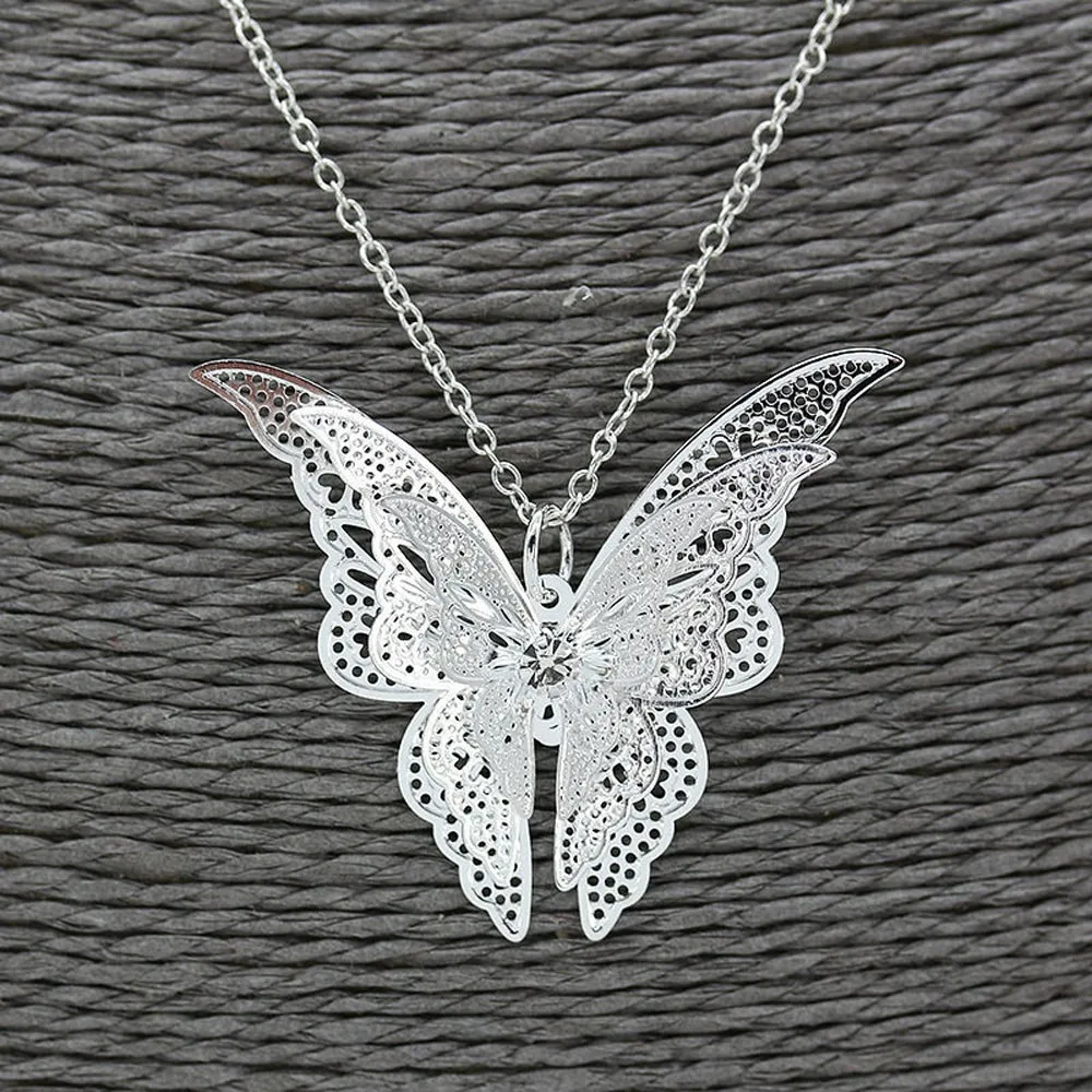 Fashion Womens Silver Plated Openwork Butterfly Necklace Pendant Jewelry Gift 
