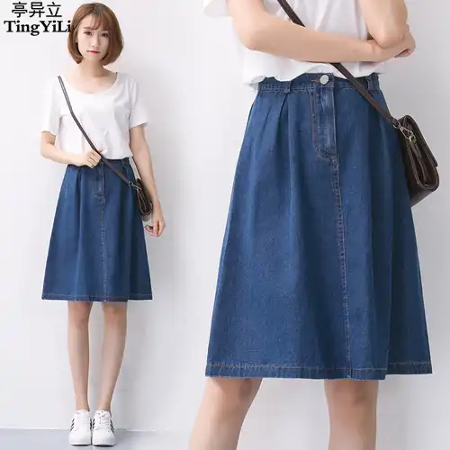 high waisted denim skirt midi