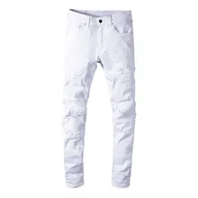 Sokotoo Men's white stretch ripped biker jeans Slim skinny pleated patchwork denim pants Sokotoo Men's white stretch ripped biker jeans Slim skinny pleated patchwork denim pants
