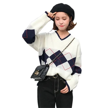 Korea Harajuku Winter Sweater 2017 Autumn Fashion Women Loose Diamond Check Sweater V-Neck Preppy Chic Thick Knitted Pullovers
Korea Harajuku Winter Sweater 2017 Autumn Fashion Women Loose Diamond Check Sweater V-Neck Preppy Chic Thick Knitted Pullovers