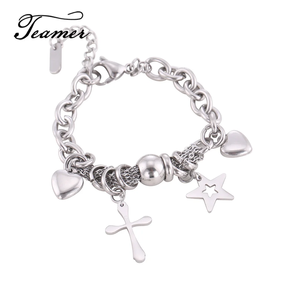 

Teamer Love Heart Star Pentagram Cross Charms Bracelet Femme Stainless Steel Thick Link Chain Bracelet Fashion Bijoux Friendship