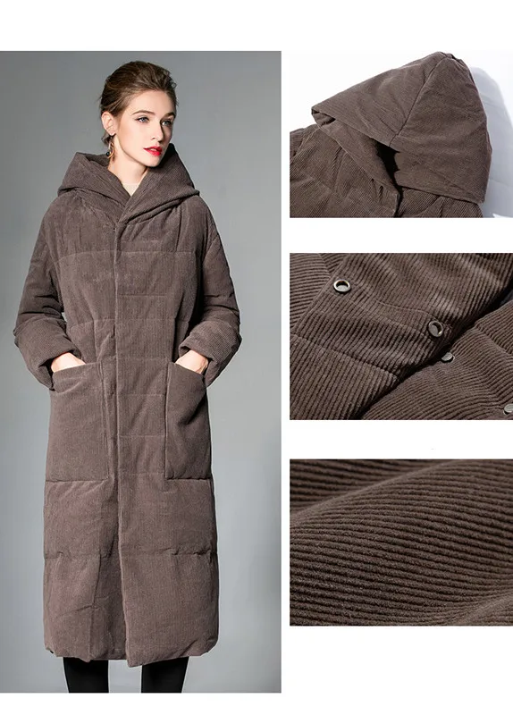 Winter New Down Jacket Corduroy Long White Duck Down Ms Jackets Thick Warm Overcoat Korean Brand Coat female Hooded Big Pocket (5)